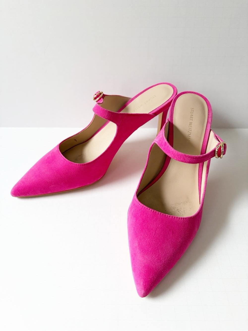 Stuart Weitzman Crystal Buckle 75 Suede Mule in Hot Pink Size 7 with Storage Bag